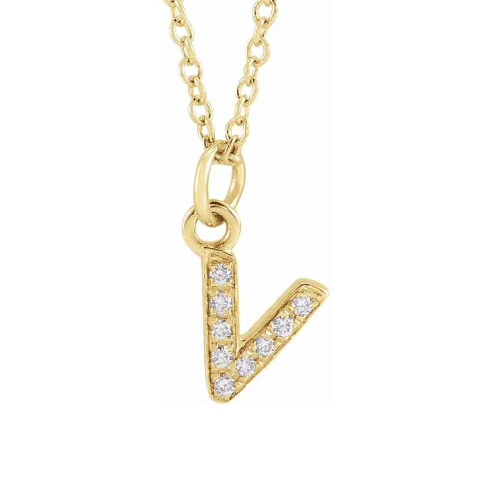 14K Yellow Gold .03 CTW Diamond Tiny Initial V Necklace, 16-18 Inch